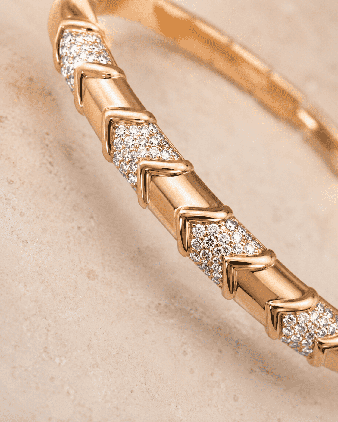 The Wishbone Chevron Bangle — Gold Plated Chevron Pavé Bangle by House of Zena, styled on model
