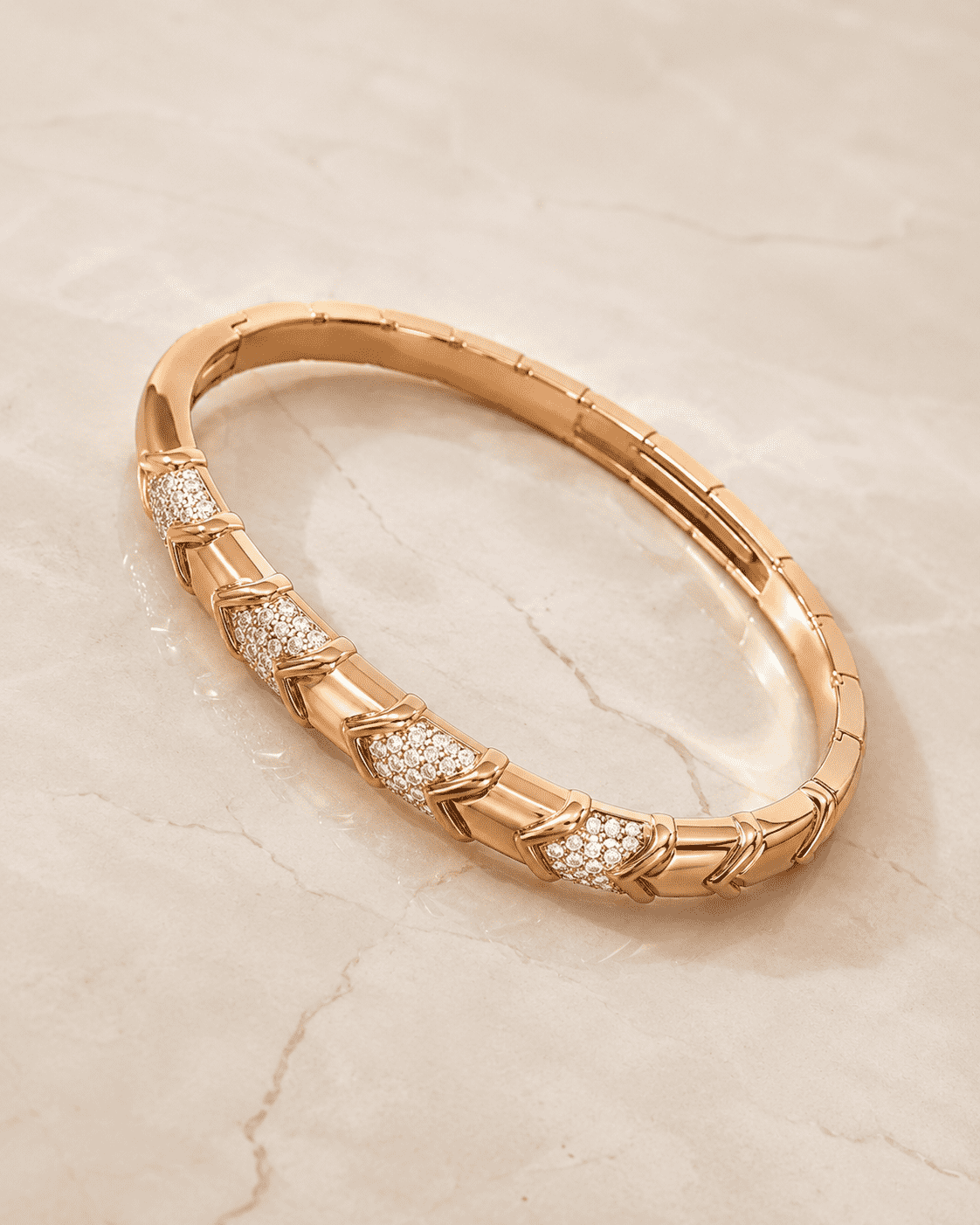 The Wishbone Chevron Bangle — Gold Plated Chevron Pavé Bangle by House of Zena, side angle