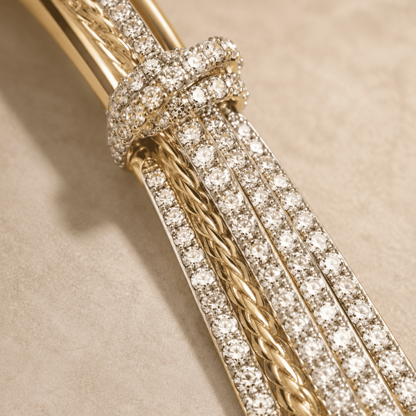 The Silk Ribbon Pavé Bangle — Gold Plated Ribbon Pavé Bangle by House of Zena, styled on model — Anti-Tarnish Waterproof Jewellery | House of Zena
