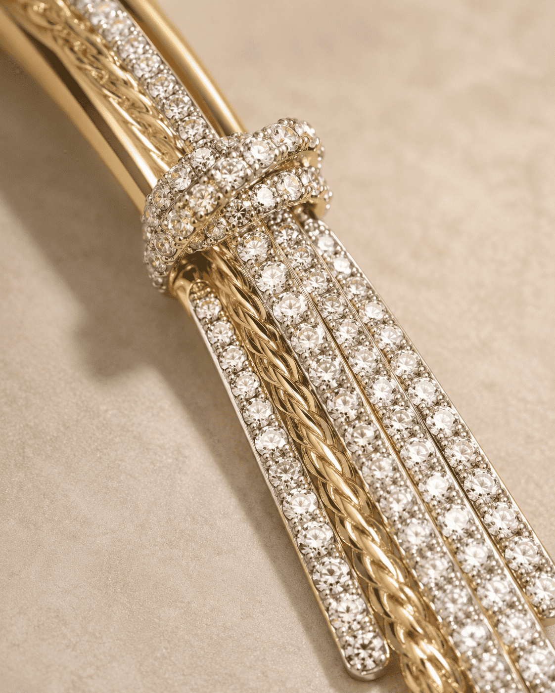 The Silk Ribbon Pavé Bangle — Gold Plated Ribbon Pavé Bangle by House of Zena, styled on model