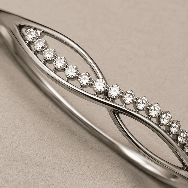 The "Forever Yours" Infinity Bangle — Silver-Tone Infinity Bangle by House of Zena, styled on model — Anti-Tarnish Waterproof Jewellery | House of Zena
