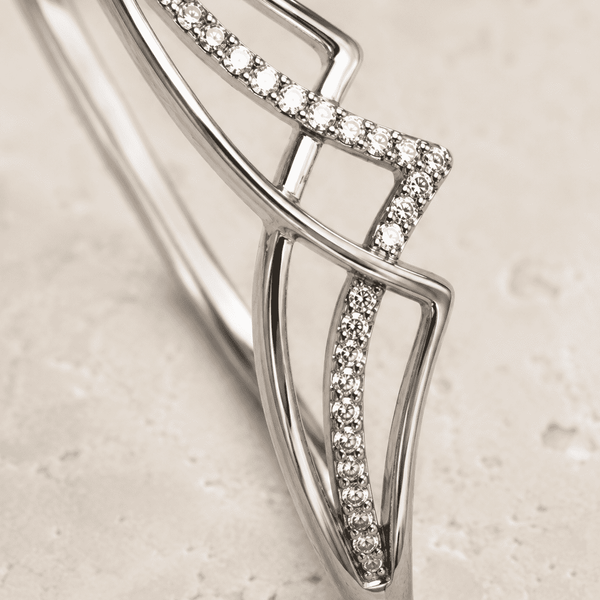 The Liquid Gold Contour Cuff — Silver-Tone Curve Bangle by House of Zena, styled on model — Anti-Tarnish Waterproof Jewellery | House of Zena