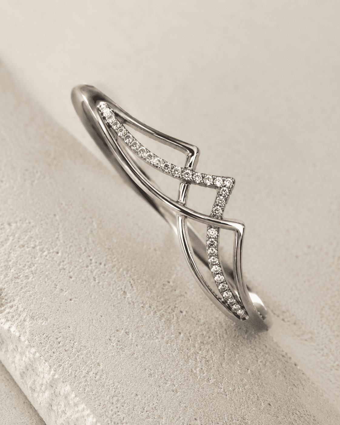 The Liquid Gold Contour Cuff — Silver-Tone Curve Bangle by House of Zena, close-up detail
