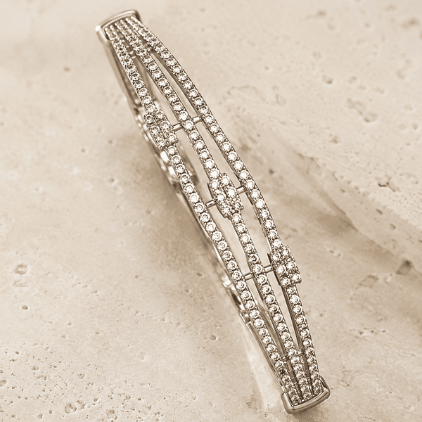 The Dual Lineage Pavé Cuff — Gold Plated Parallel Pavé Bangle by House of Zena, styled on model — Anti-Tarnish Waterproof Jewellery | House of Zena