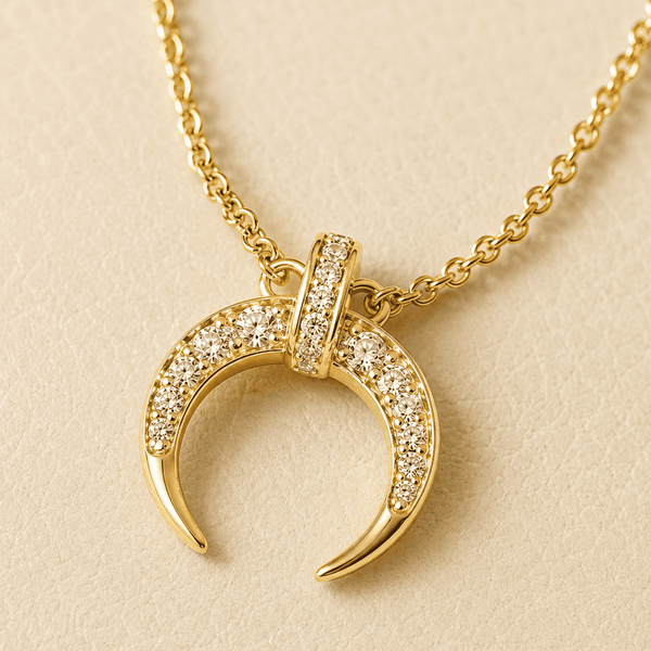 The Italian Croissant Horn Pendant — Gold Plated Crescent Necklace by House of Zena, styled on model — Anti-Tarnish Waterproof Jewellery | House of Zena