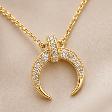 The Italian Croissant Horn Pendant — Gold Plated Crescent Necklace by House of Zena, close-up detail