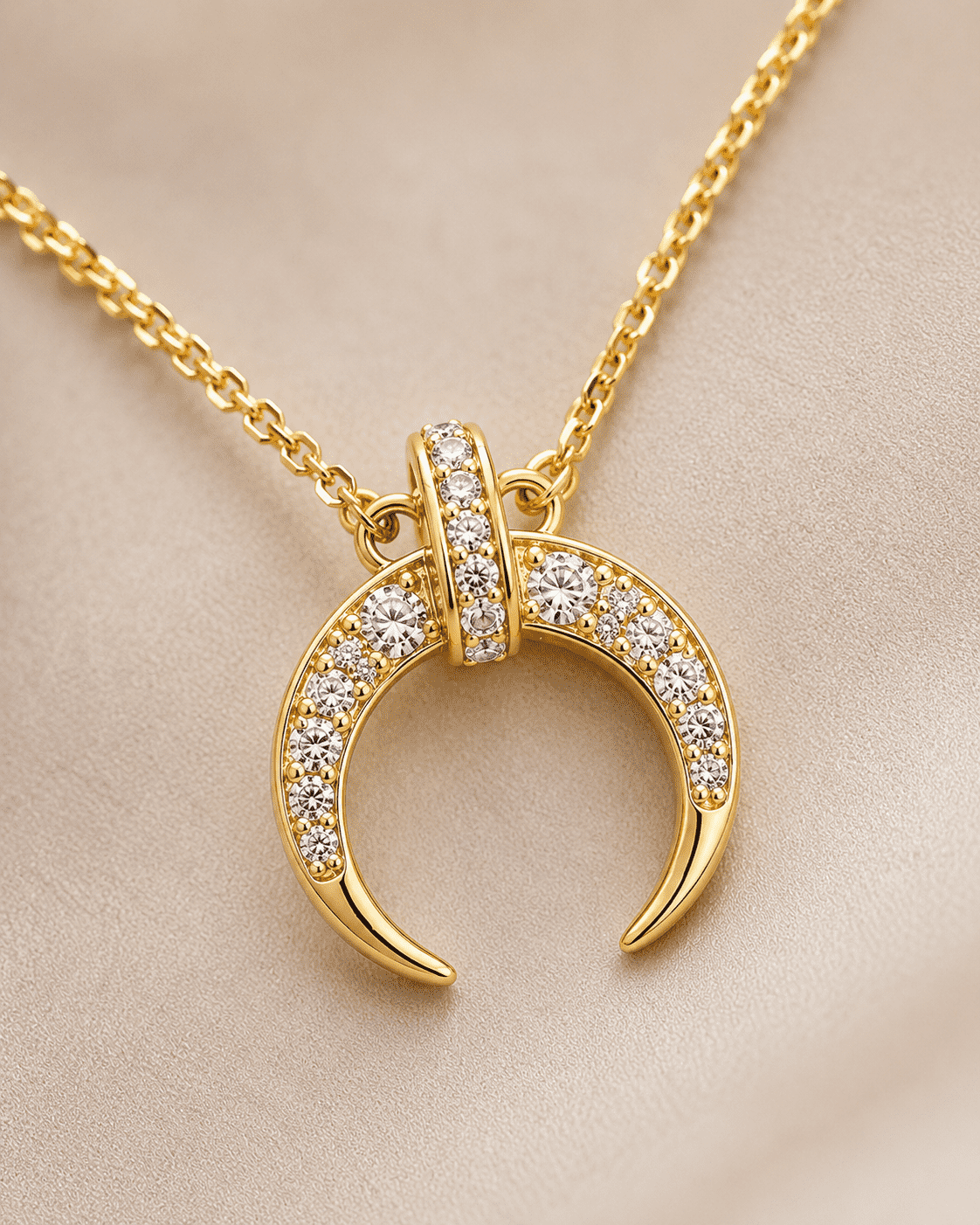 The Italian Croissant Horn Pendant — Gold Plated Crescent Necklace by House of Zena, close-up detail