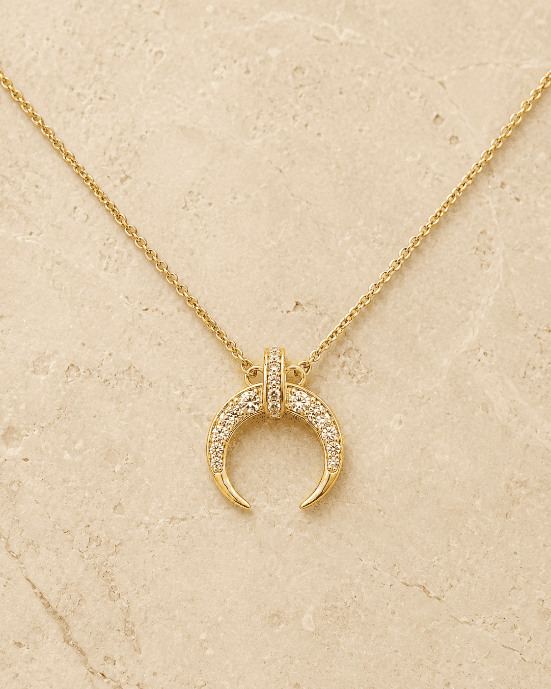 The Italian Croissant Horn Pendant — Gold Plated Crescent Necklace by House of Zena, side angle