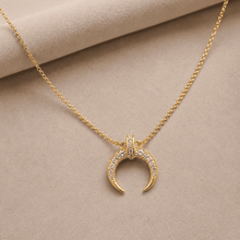The Italian Croissant Horn Pendant — Gold Plated Crescent Necklace by House of Zena, worn on model