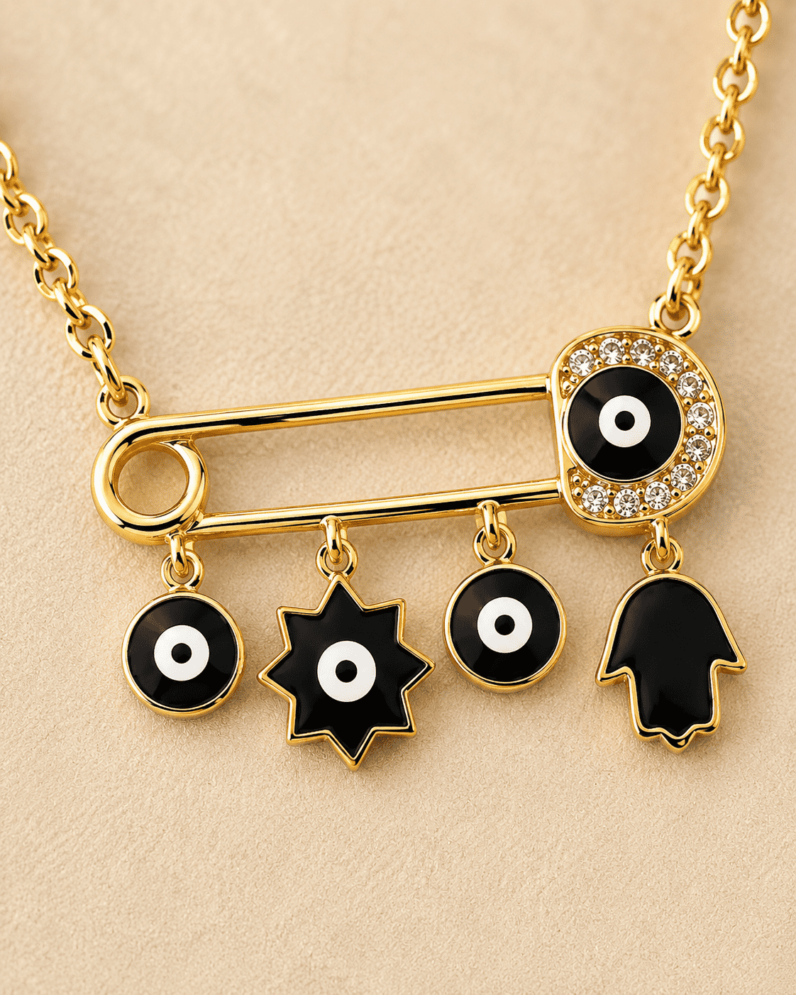 The "Bad Vibes Deflector" Medallion — Gold Plated Nazar Charm Necklace by House of Zena, close-up detail