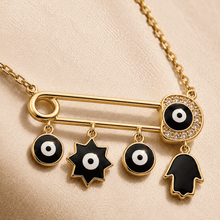 The "Bad Vibes Deflector" Medallion — Gold Plated Nazar Charm Necklace by House of Zena, styled on model