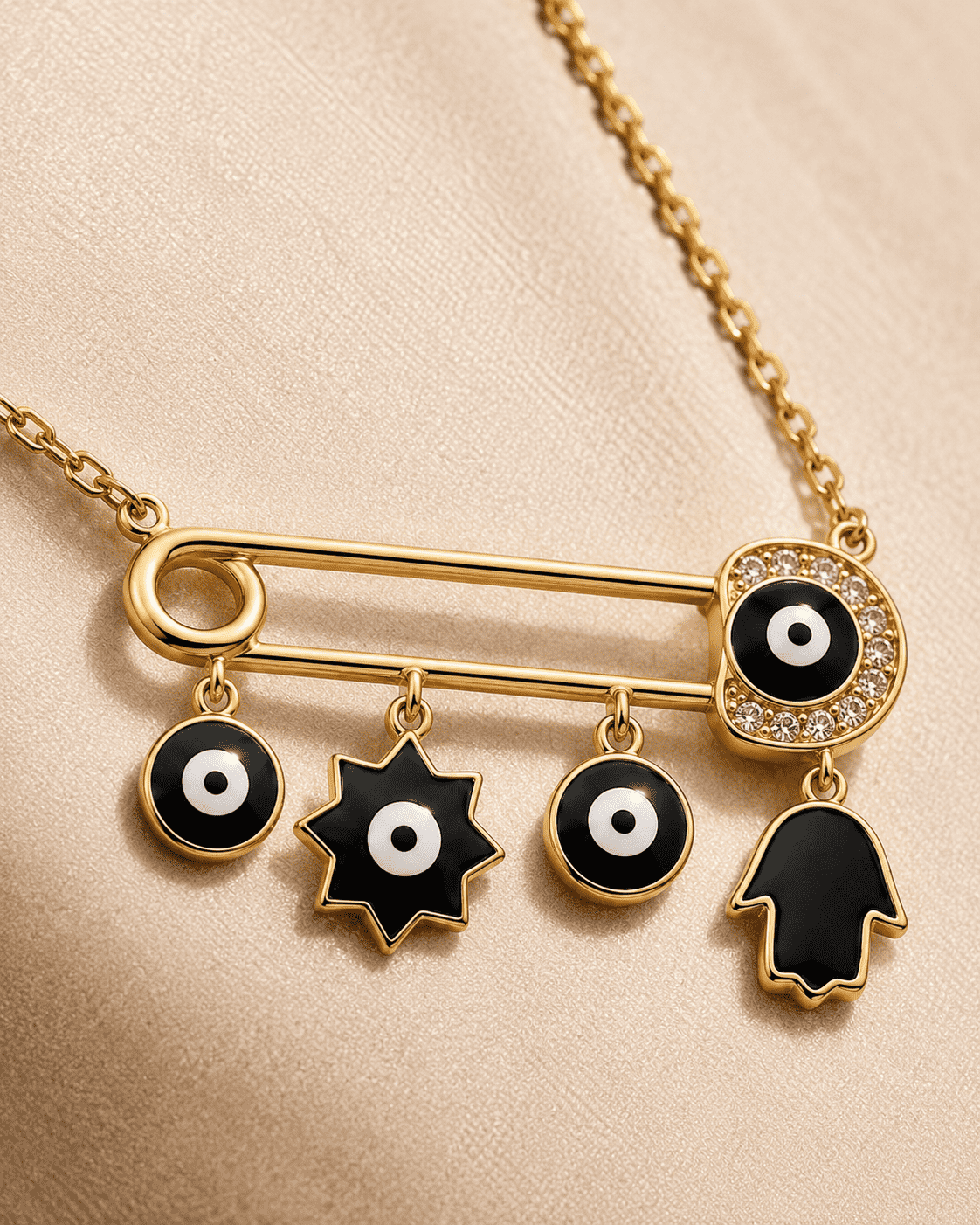 The "Bad Vibes Deflector" Medallion — Gold Plated Nazar Charm Necklace by House of Zena, styled on model