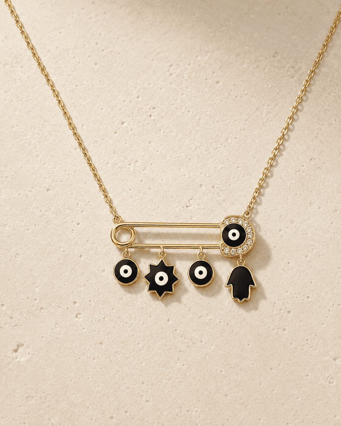 The "Bad Vibes Deflector" Medallion — Gold Plated Nazar Charm Necklace by House of Zena, worn on model