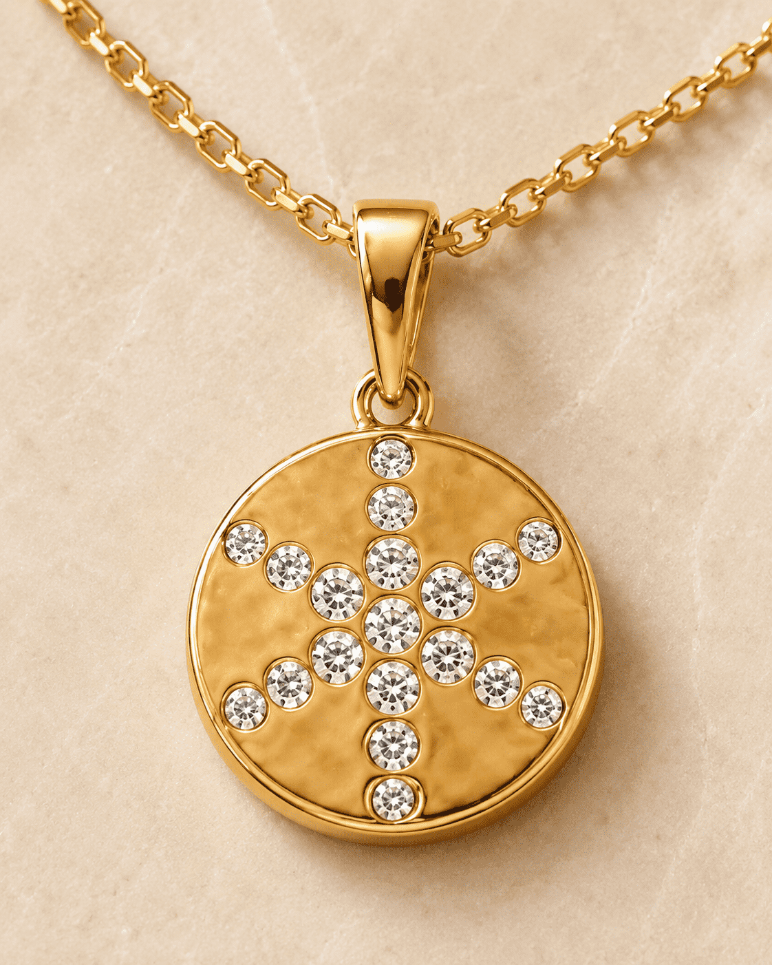The Sunday Brunch Cross Medallion — Gold Plated Cross Medallion Necklace by House of Zena, close-up detail