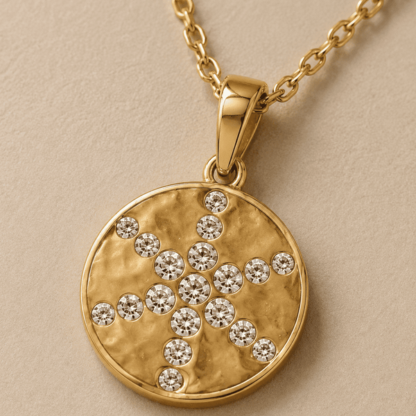 The Sunday Brunch Cross Medallion — Gold Plated Cross Medallion Necklace by House of Zena, styled on model — Anti-Tarnish Waterproof Jewellery | House of Zena