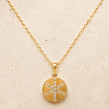 The Sunday Brunch Cross Medallion — Gold Plated Cross Medallion Necklace by House of Zena, worn on model