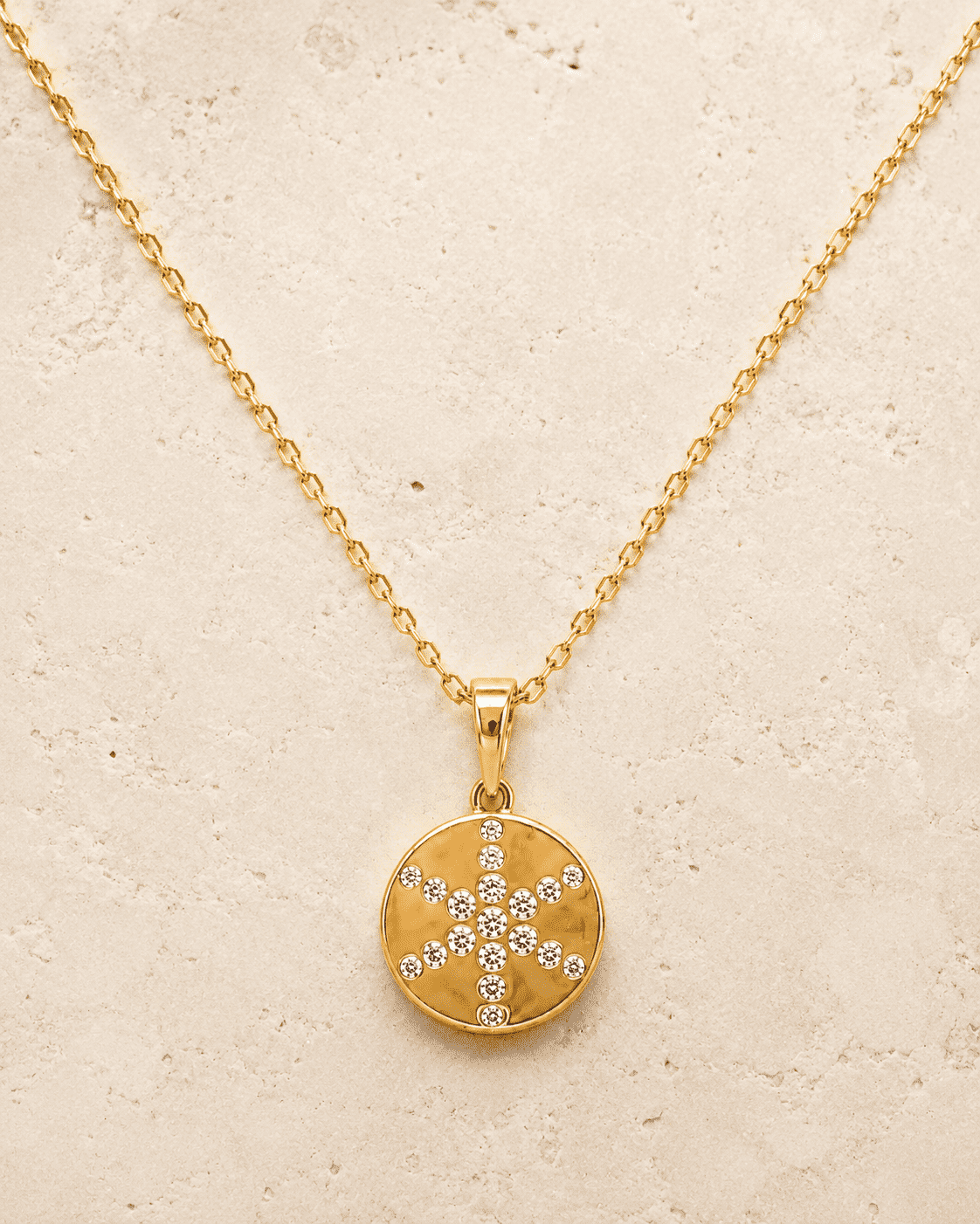 The Sunday Brunch Cross Medallion — Gold Plated Cross Medallion Necklace by House of Zena, worn on model