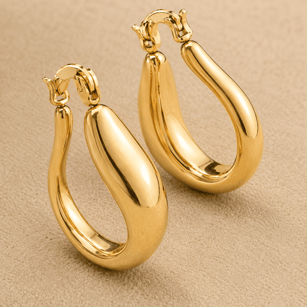 The Molten Mango Drops — Gold Plated Sculpt Hoop Earrings by House of Zena, styled on model — Anti-Tarnish Waterproof Jewellery | House of Zena