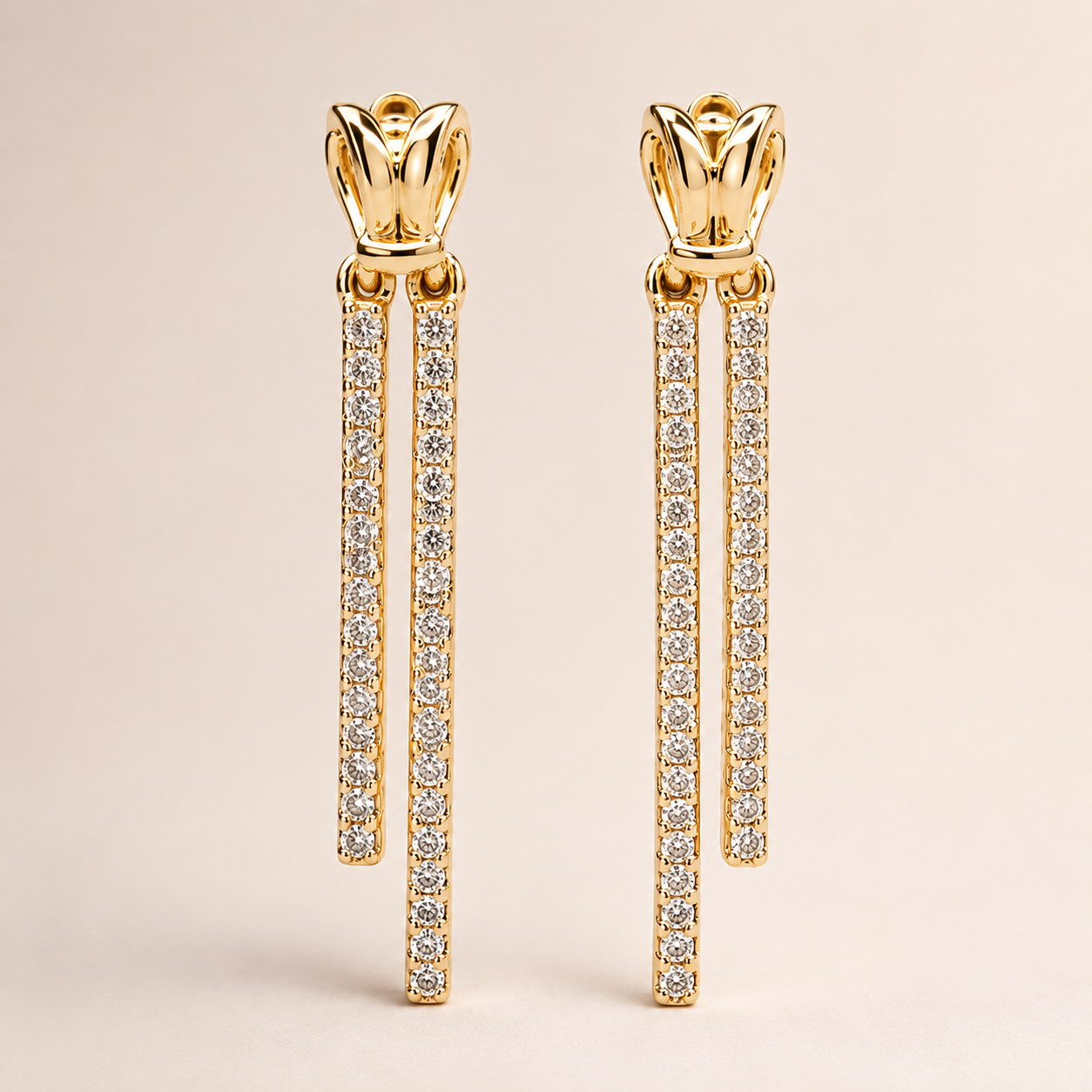 The Minimalist Matchstick Drops — Gold Plated Dual Drop Earrings by House of Zena, styled on model — Anti-Tarnish Waterproof Jewellery | House of Zena