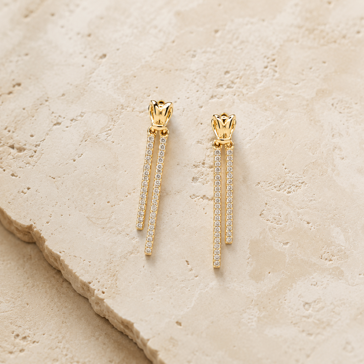 The Minimalist Matchstick Drops — Gold Plated Dual Drop Earrings by House of Zena, worn on model