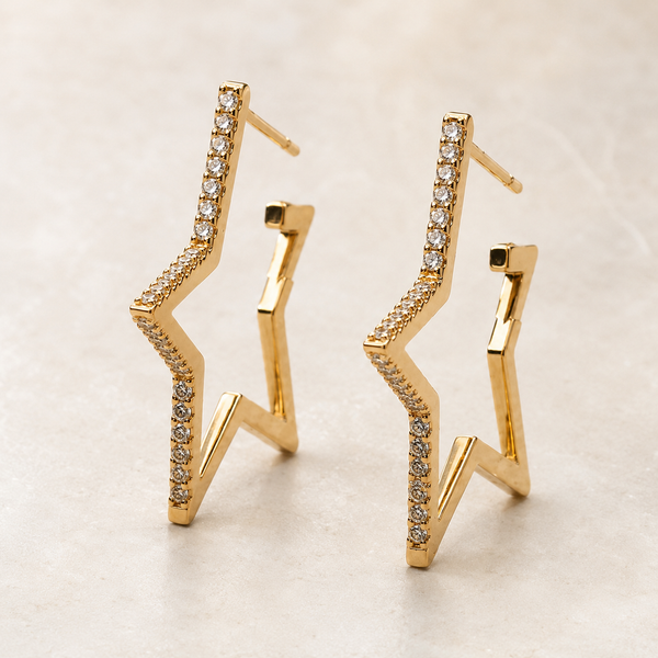 The Lucky Star Outline Hoops — Gold Plated Star Outline Hoop Earrings by House of Zena, styled on model — Anti-Tarnish Waterproof Jewellery | House of Zena
