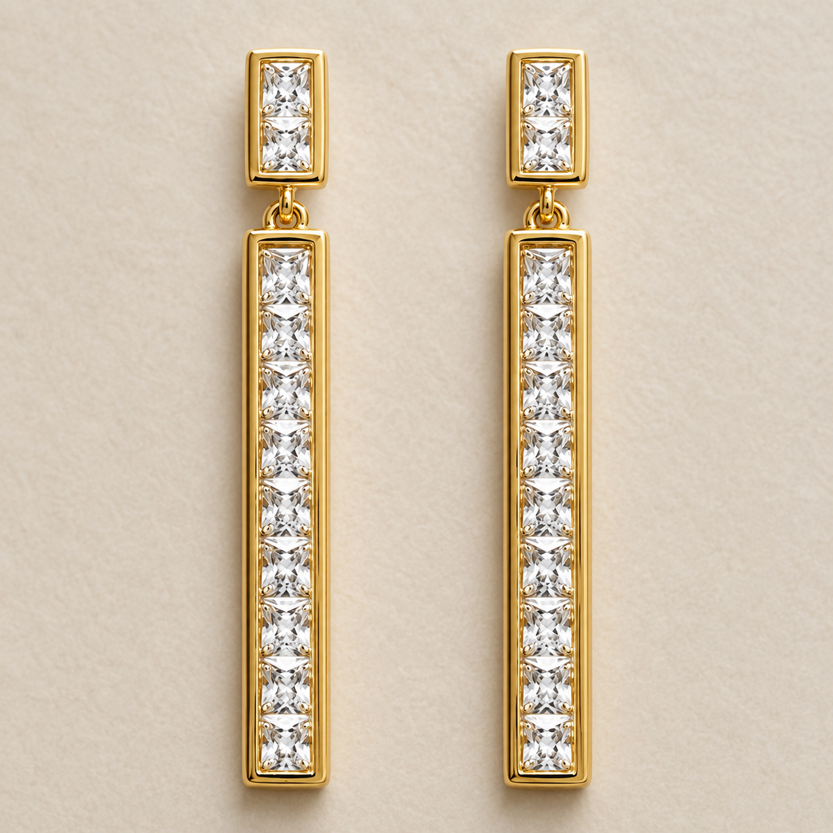 The Champagne Flute Drops — Gold Plated Line Drop Earrings by House of Zena, worn on model