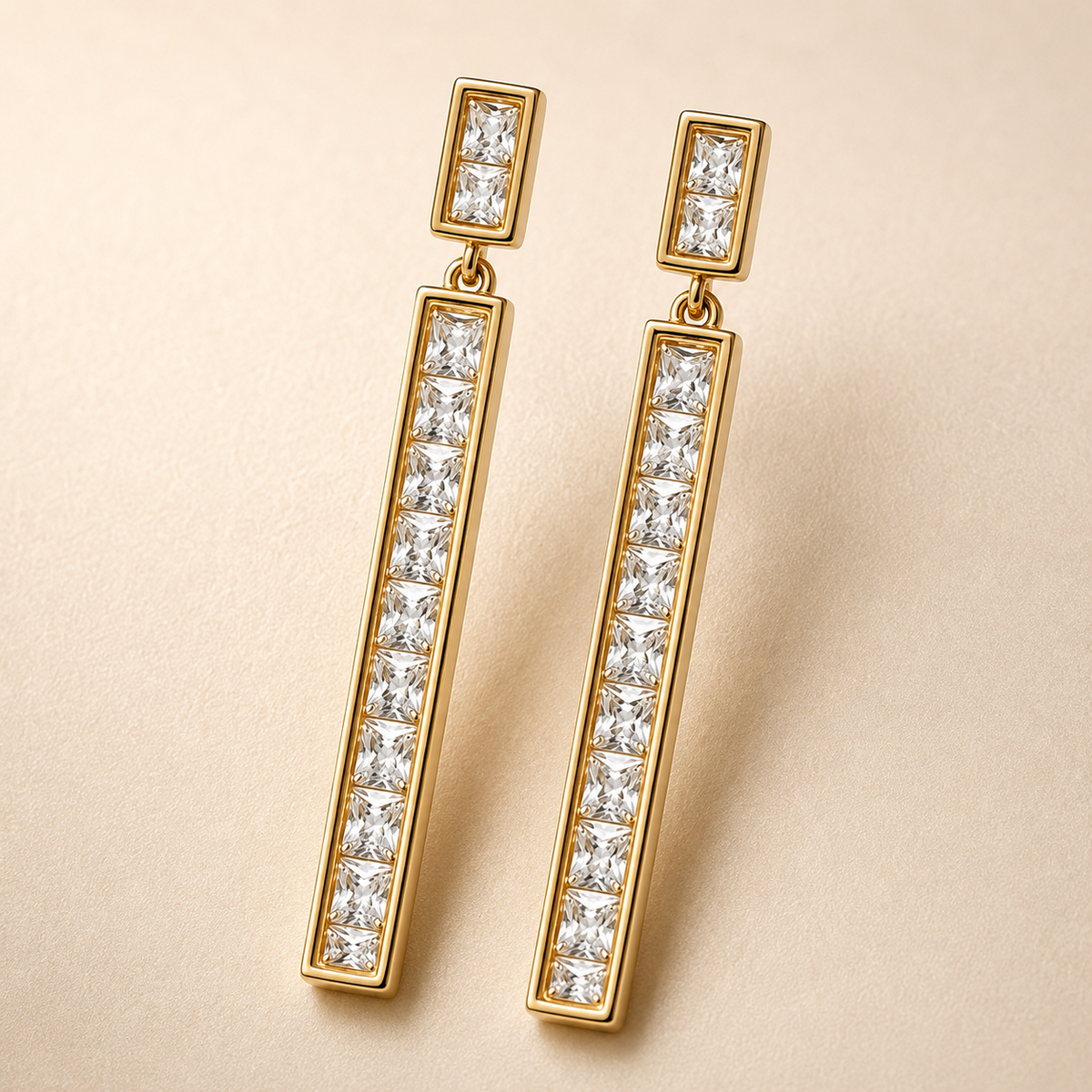 The Champagne Flute Drops — Gold Plated Line Drop Earrings by House of Zena, side angle