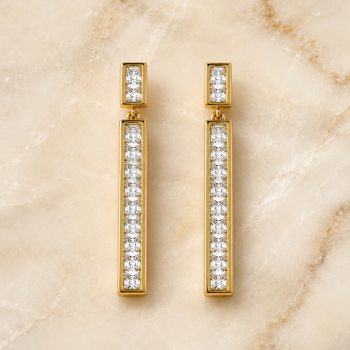 The Champagne Flute Drops — Gold Plated Line Drop Earrings by House of Zena, close-up detail