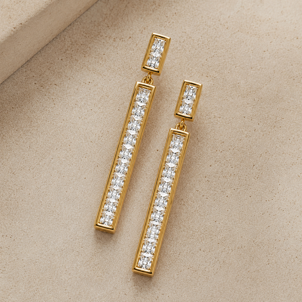 The Champagne Flute Drops — Gold Plated Line Drop Earrings by House of Zena, styled on model — Anti-Tarnish Waterproof Jewellery | House of Zena