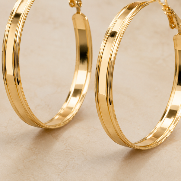 The Butter Croissant Hoops — Gold Plated Classic Hoop Earrings by House of Zena, styled on model — Anti-Tarnish Waterproof Jewellery | House of Zena