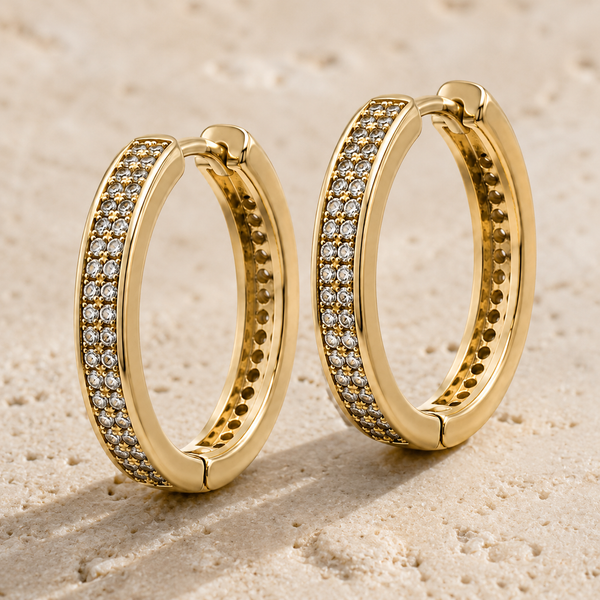 The Sugar Rush Pavé Hoops — Gold Plated Pavé Hoop Earrings by House of Zena, styled on model — Anti-Tarnish Waterproof Jewellery | House of Zena