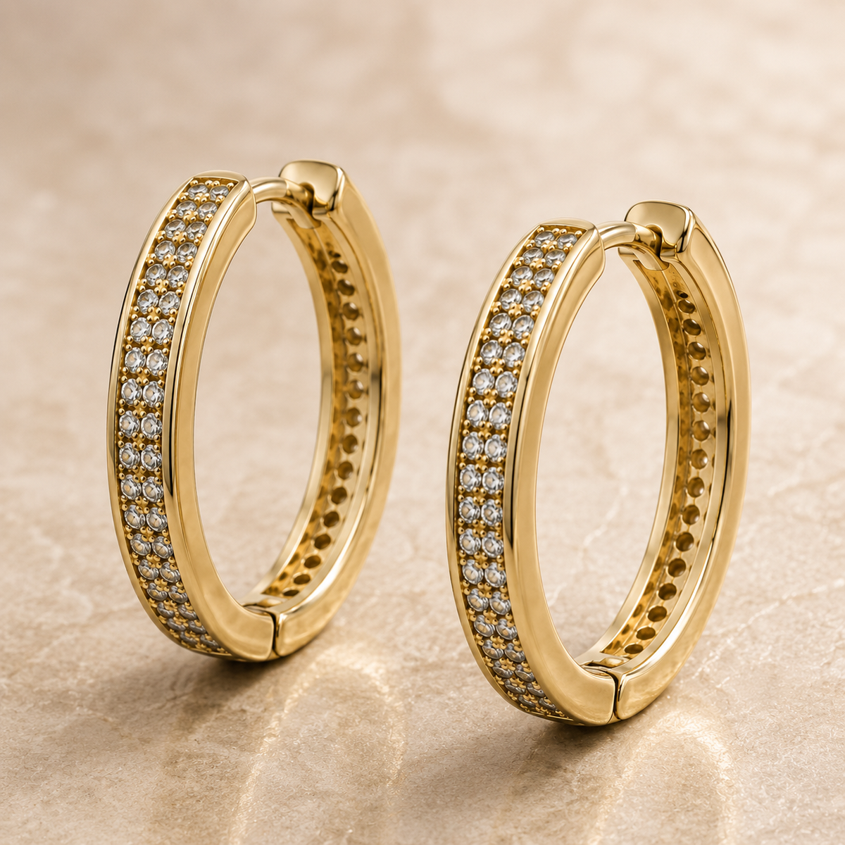 The Sugar Rush Pavé Hoops — Gold Plated Pavé Hoop Earrings by House of Zena, worn on model