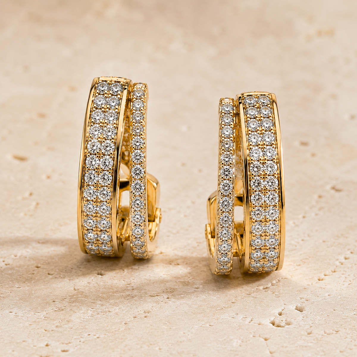 The Double Espresso Huggies — Gold Plated Double Row Huggie Earrings by House of Zena, close-up detail