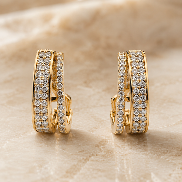 The Double Espresso Huggies — Gold Plated Double Row Huggie Earrings by House of Zena, styled on model — Anti-Tarnish Waterproof Jewellery | House of Zena