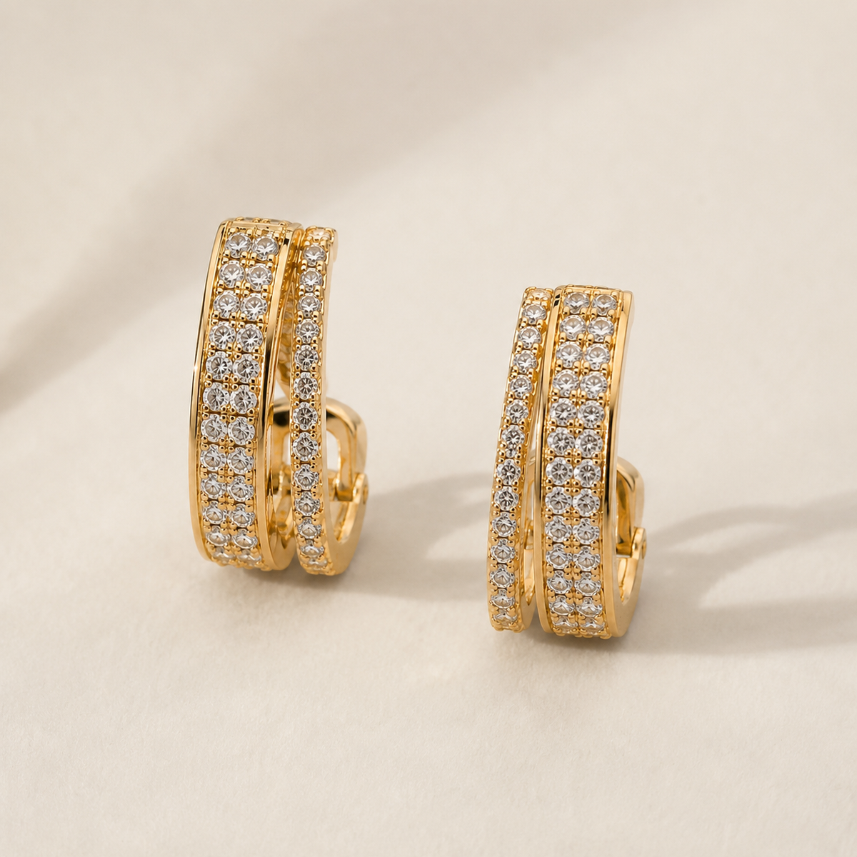 The Double Espresso Huggies — Gold Plated Double Row Huggie Earrings by House of Zena, side angle