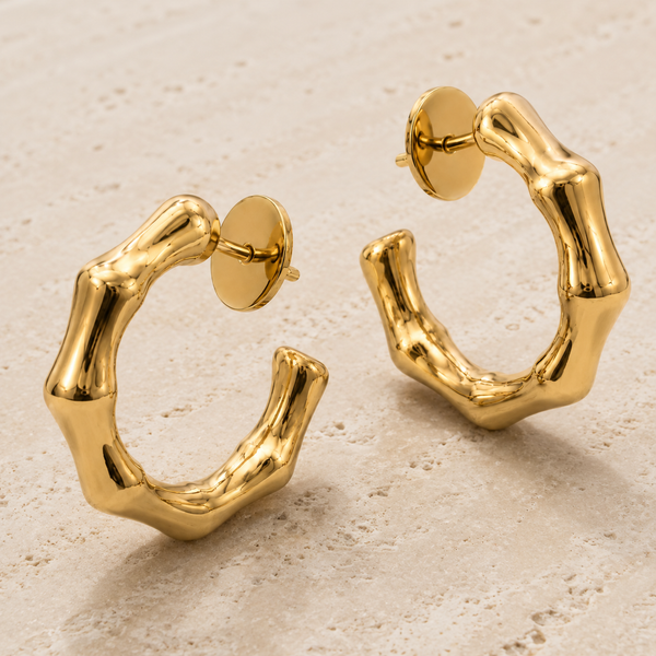 The Melted Honeycomb Hoops — Gold Plated Organic Hoop Earrings by House of Zena, styled on model — Anti-Tarnish Waterproof Jewellery | House of Zena
