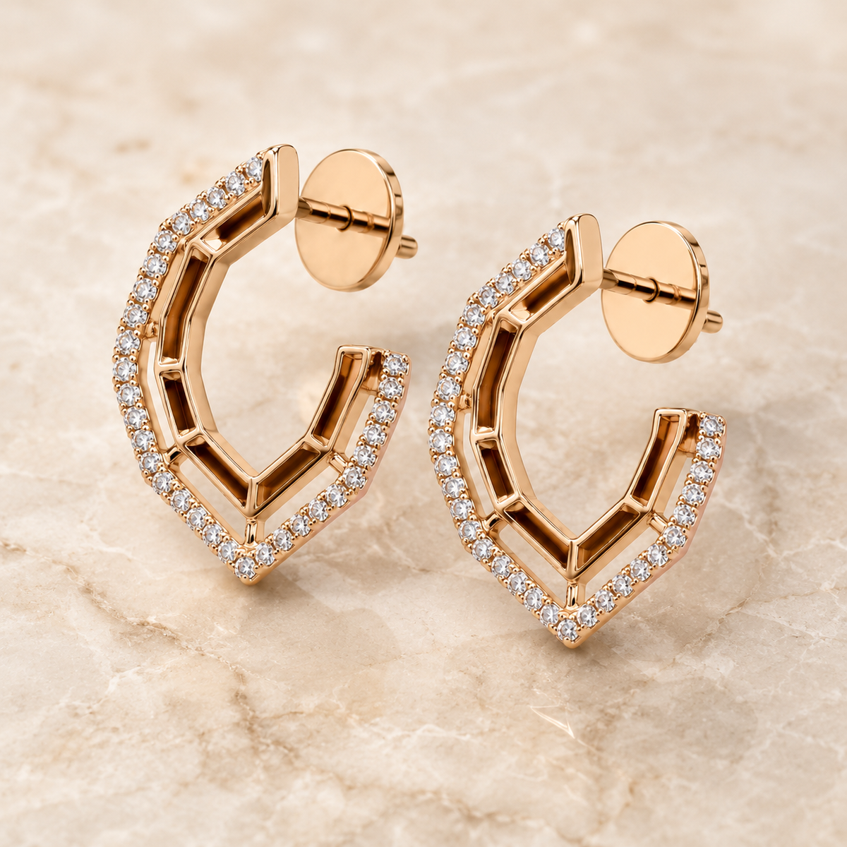 The Honeycomb Pavé Huggies — Gold Plated Geo Pavé Hoop Earrings by House of Zena, side angle