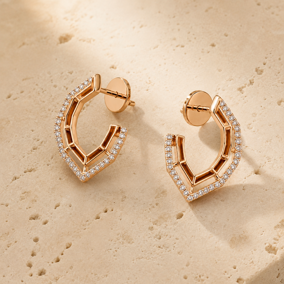 The Honeycomb Pavé Huggies — Gold Plated Geo Pavé Hoop Earrings by House of Zena, worn on model