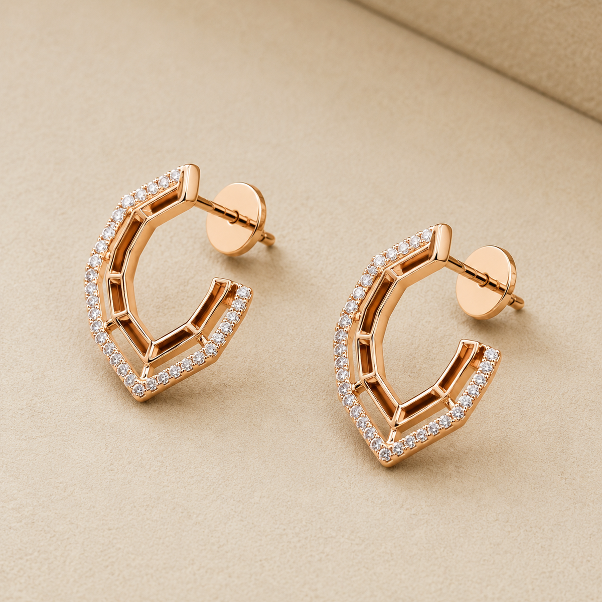 The Honeycomb Pavé Huggies — Gold Plated Geo Pavé Hoop Earrings by House of Zena, close-up detail