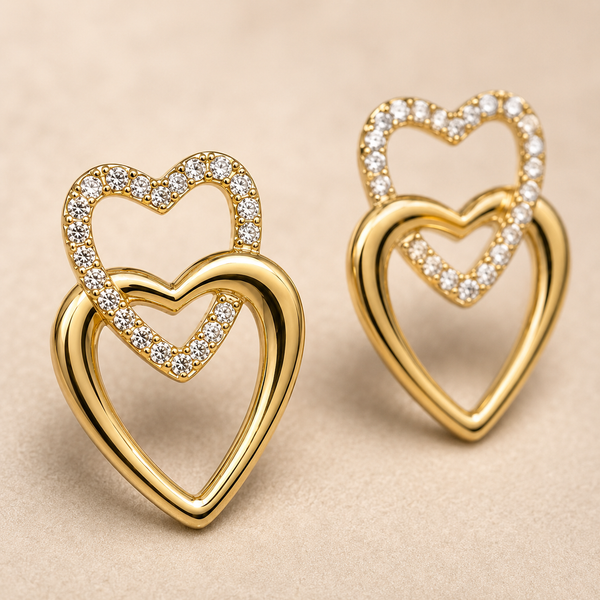 The First Crush Twin Hearts — Gold Plated Twin Heart Earrings by House of Zena, styled on model — Anti-Tarnish Waterproof Jewellery | House of Zena