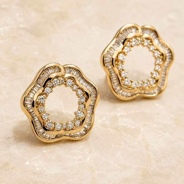 The Cherry Blossom Studs — Gold Plated Bloom Stud Earrings by House of Zena, styled on model — Anti-Tarnish Waterproof Jewellery | House of Zena