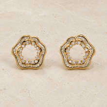 The Cherry Blossom Studs — Gold Plated Bloom Stud Earrings by House of Zena, worn on model