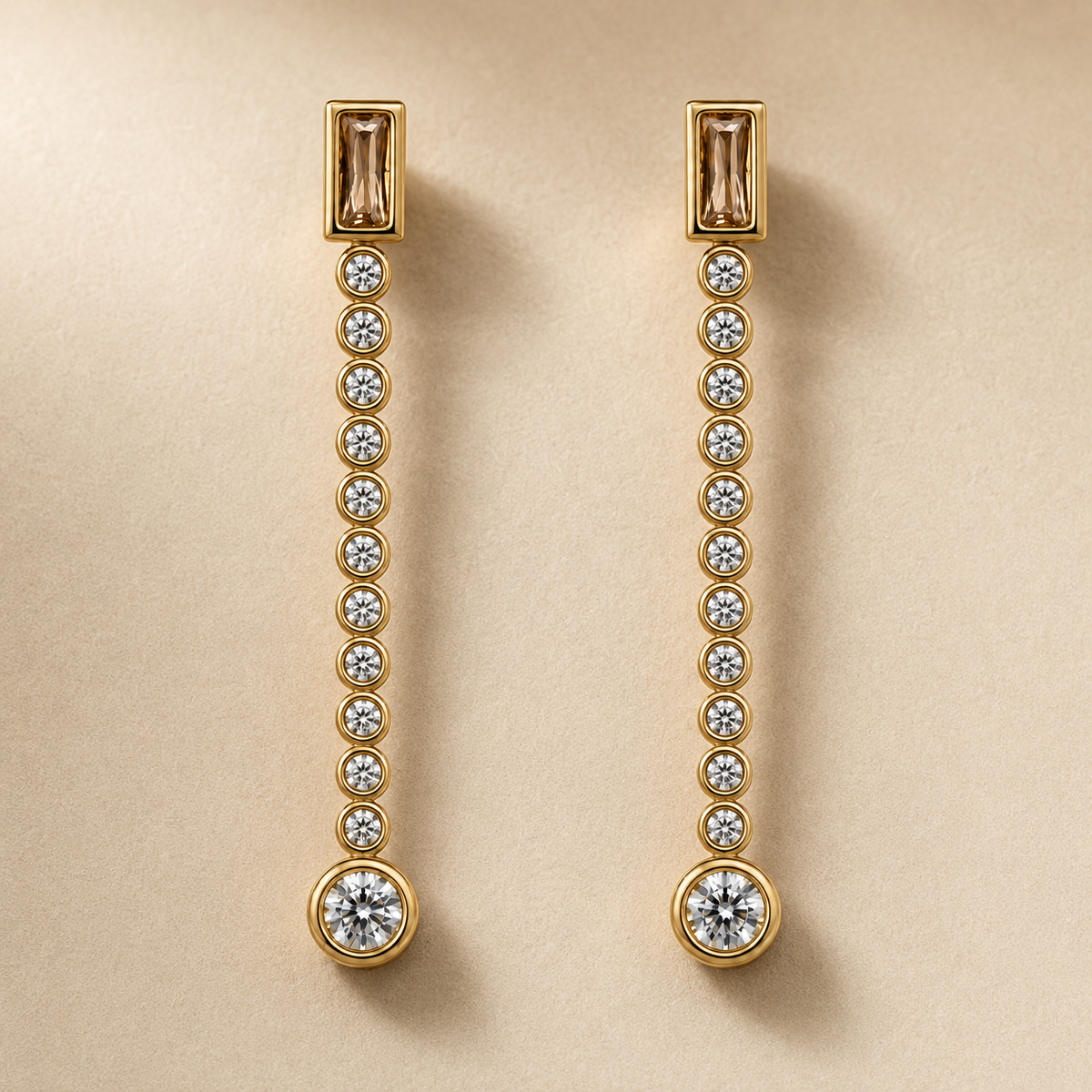 The Morning Dewdrop Earrings — Gold Plated Drop Earrings by House of Zena, worn on model