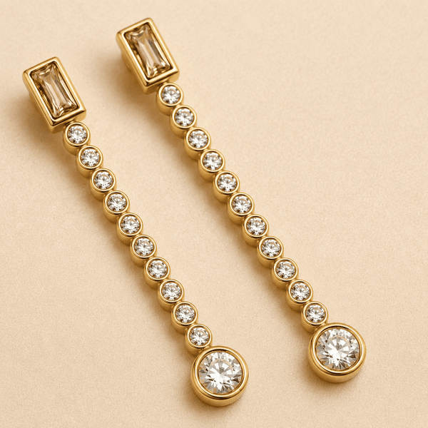 The Morning Dewdrop Earrings — Gold Plated Drop Earrings by House of Zena, styled on model — Anti-Tarnish Waterproof Jewellery | House of Zena