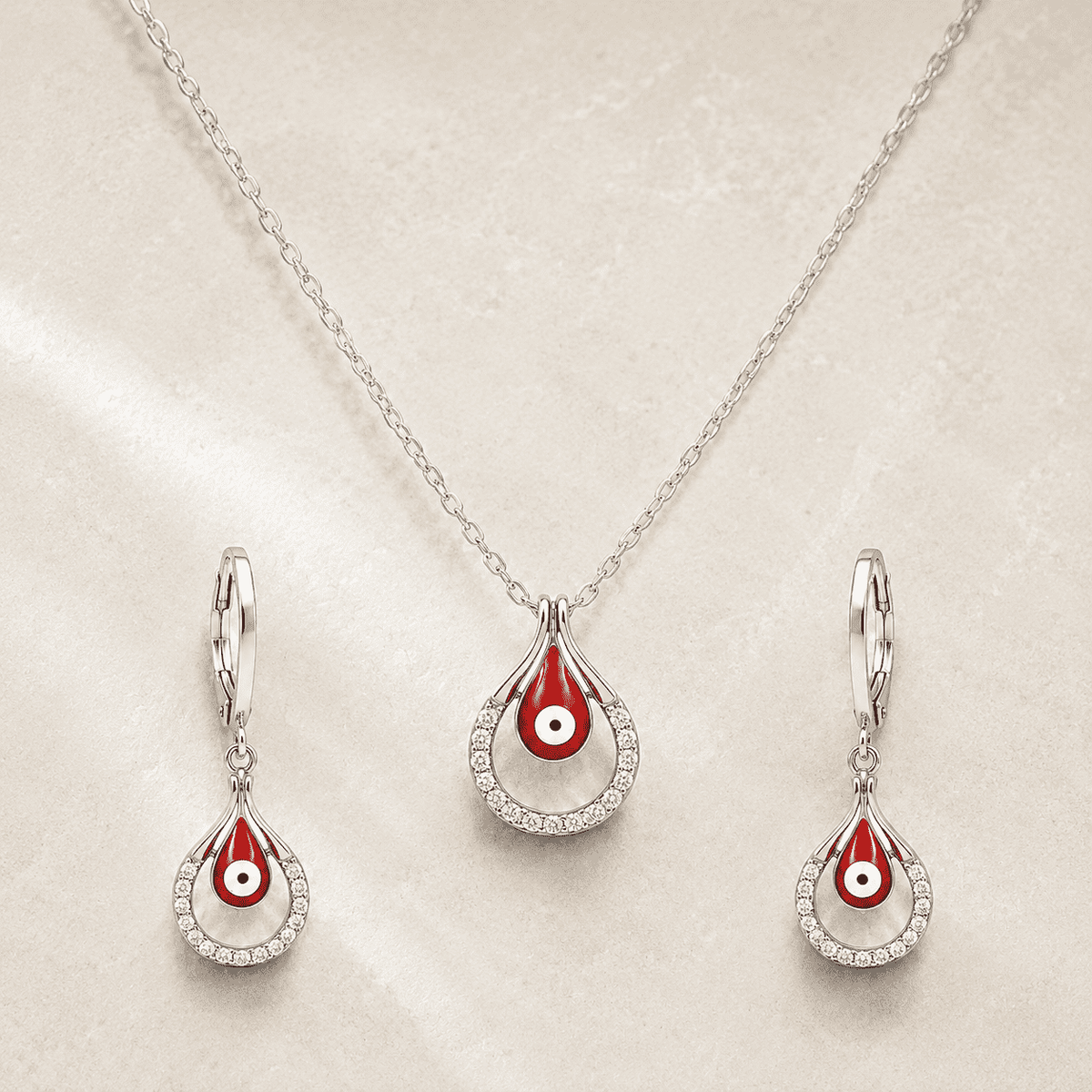 The "No Drama" Nazar Set — Gold Plated Evil Eye Pendant Set by House of Zena, worn on model