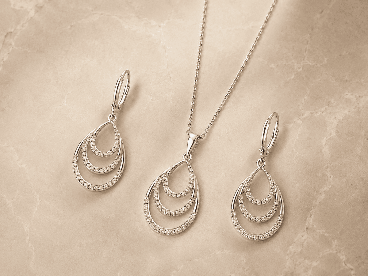 The Champagne Tower Cascade Set — Gold Plated Avelisse Cascade Pendant Set by House of Zena, side angle