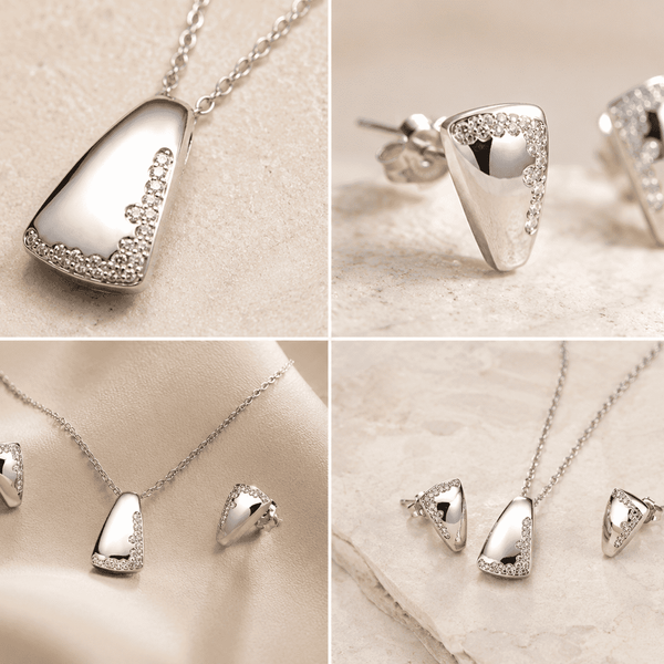 The Modernist Frame Solitaire Set — Gold Plated Modernist Edge Pendant Set by House of Zena, styled on model — Anti-Tarnish Waterproof Jewellery | House of Zena