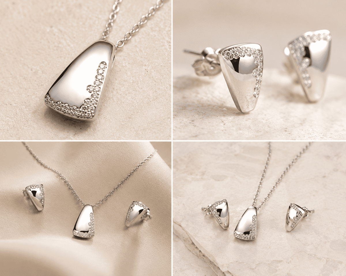 The Modernist Frame Solitaire Set — Gold Plated Modernist Edge Pendant Set by House of Zena, styled on model
