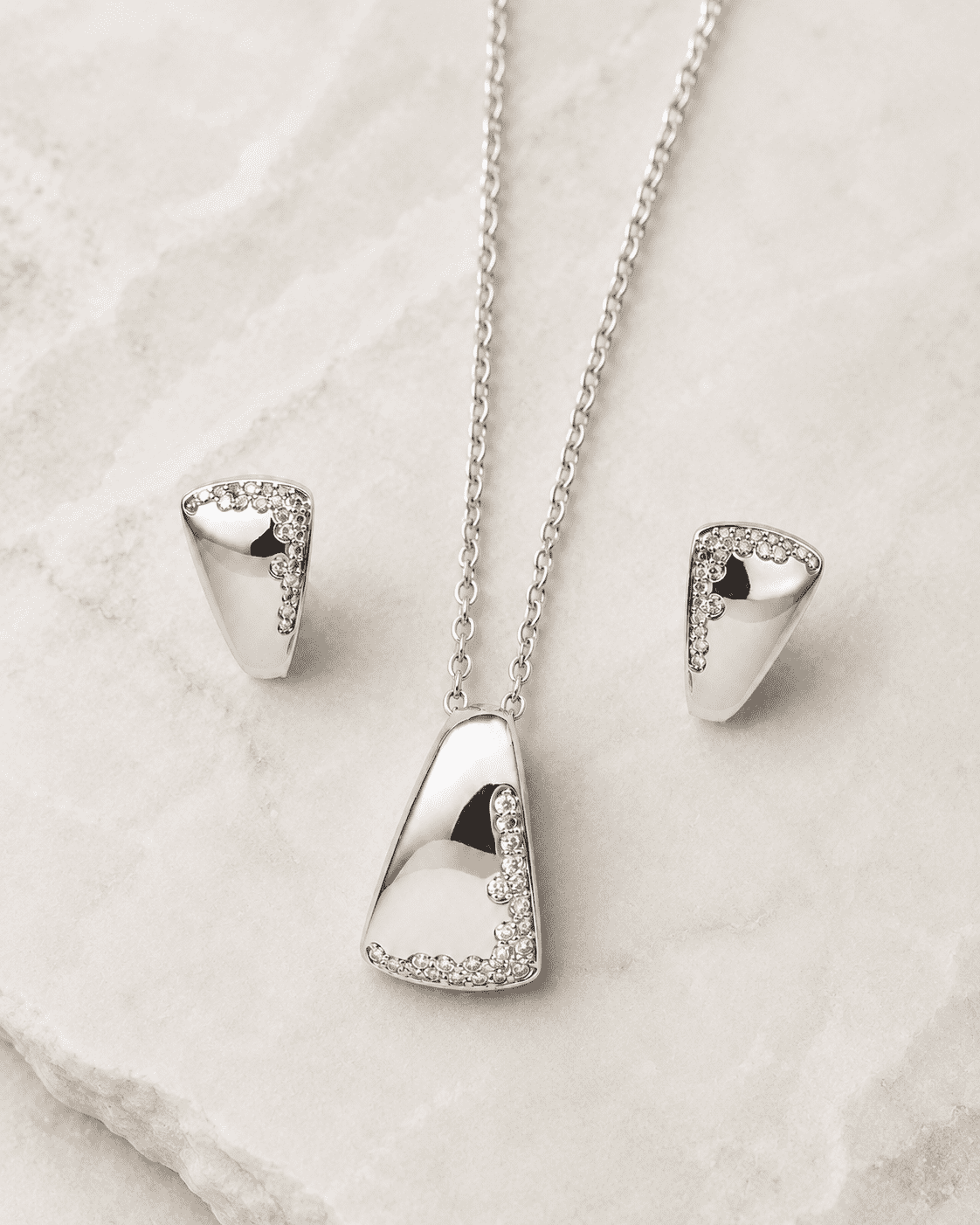 The Modernist Frame Solitaire Set — Gold Plated Modernist Edge Pendant Set by House of Zena, worn on model