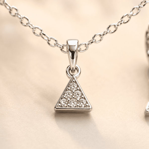 The Art Deco Geometric Set — Silver-Tone Triangle Pendant Set by House of Zena, styled on model — Anti-Tarnish Waterproof Jewellery | House of Zena